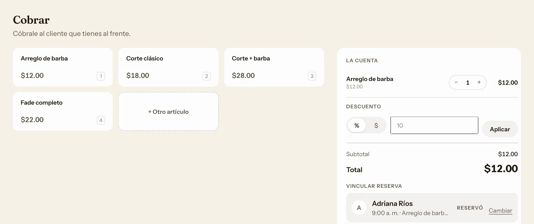 Pantalla Cobrar con un corte vinculado a la cita del cliente